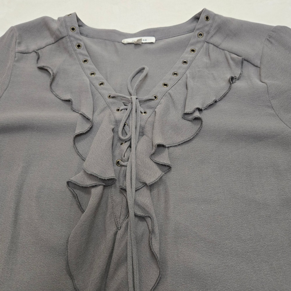 Pleione Gray Ruffle Lace Up V-Neck Blouse Long Sleeve High Low Top Large Peasant - Picture 11 of 12